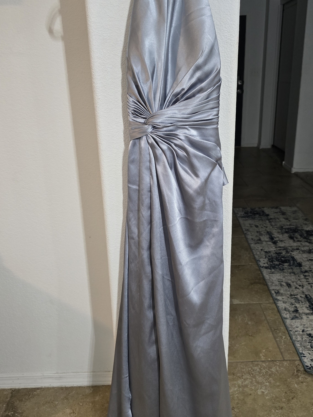 JJs House Silver Satin Twist-Waist Bridesmaid Gown